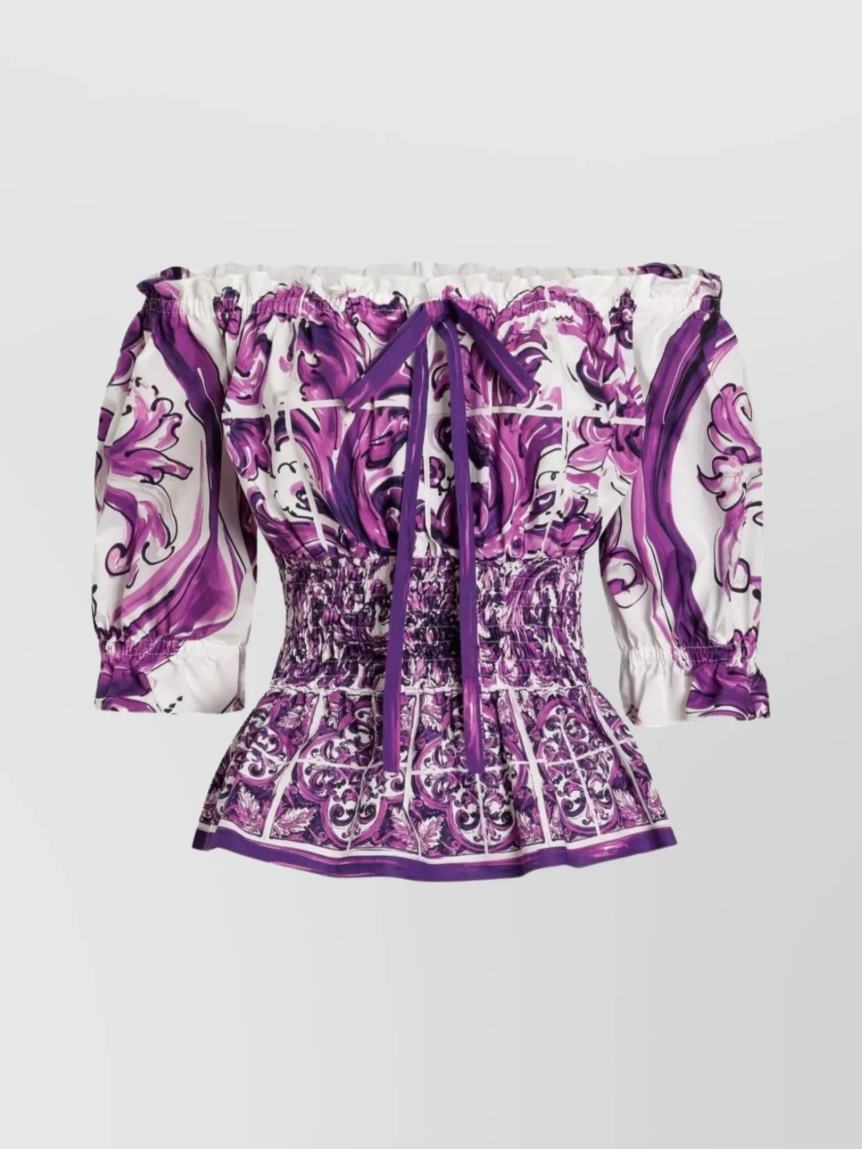 Dolce & Gabbana Smocked Waist Off-the-shoulder Top With Puff Sleeves In Purple