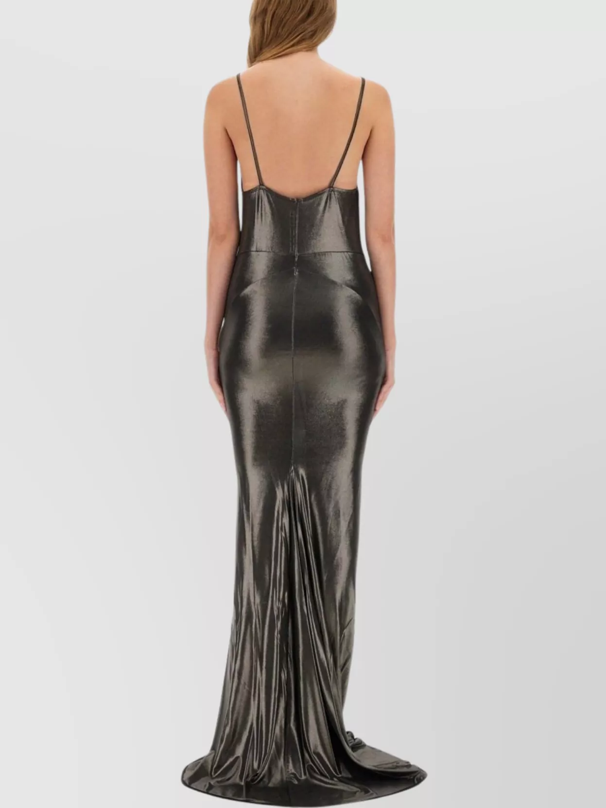 Rick Owens Metallic V-neckline Spaghetti Straps Floor-length Dress In Gray