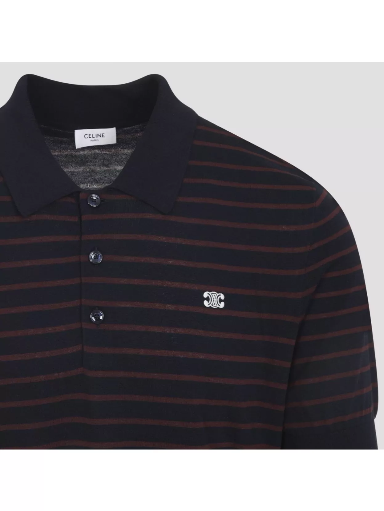 Celine Striped Short-Sleeved Polo Sweater With Ribbed Hem