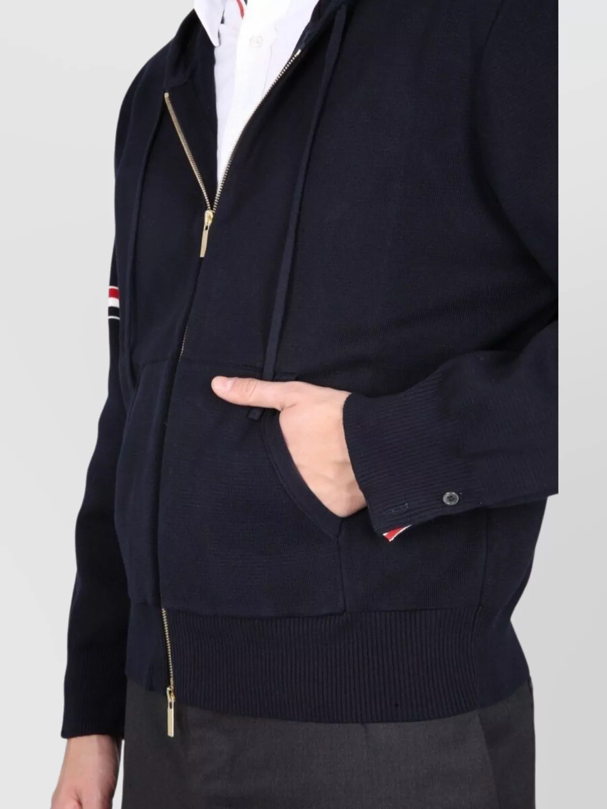 Thom Browne Navy Blue Cashmere Hooded Jacket With Ribbed Cuffs