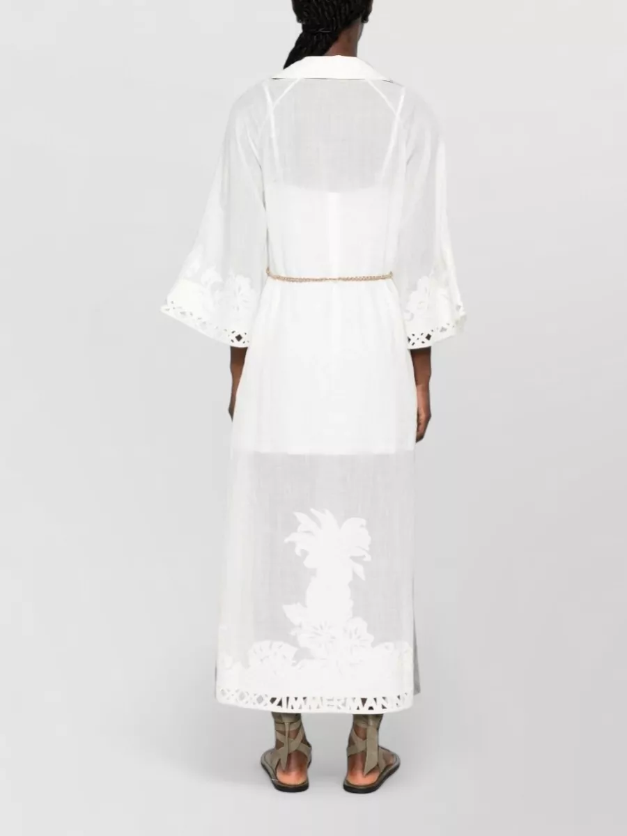 Zimmermann Embroidered Lace-Trim V-Neck Three-Quarter Sleeve Maxi Beach Cover-Up
