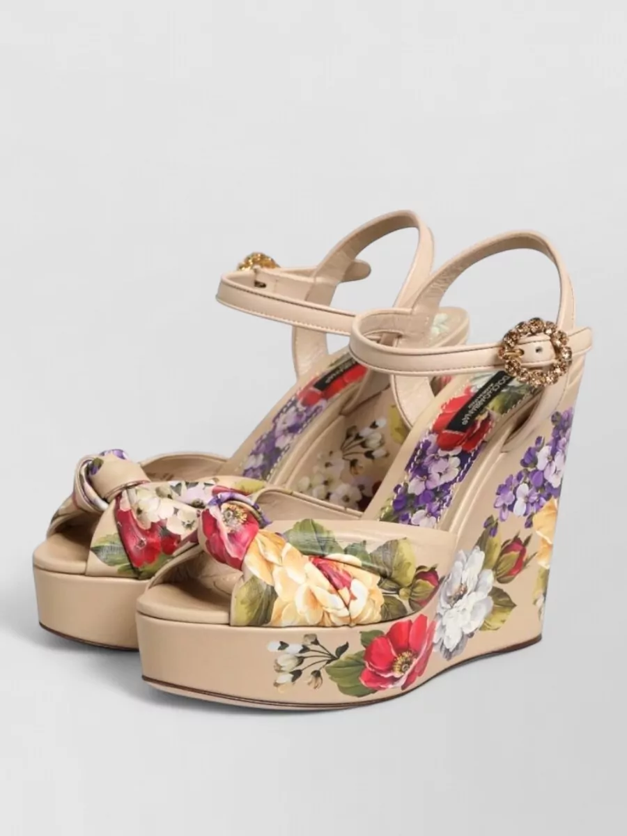 Dolce&Gabbana Leather Floral Ankle Strap Wedge Sandals