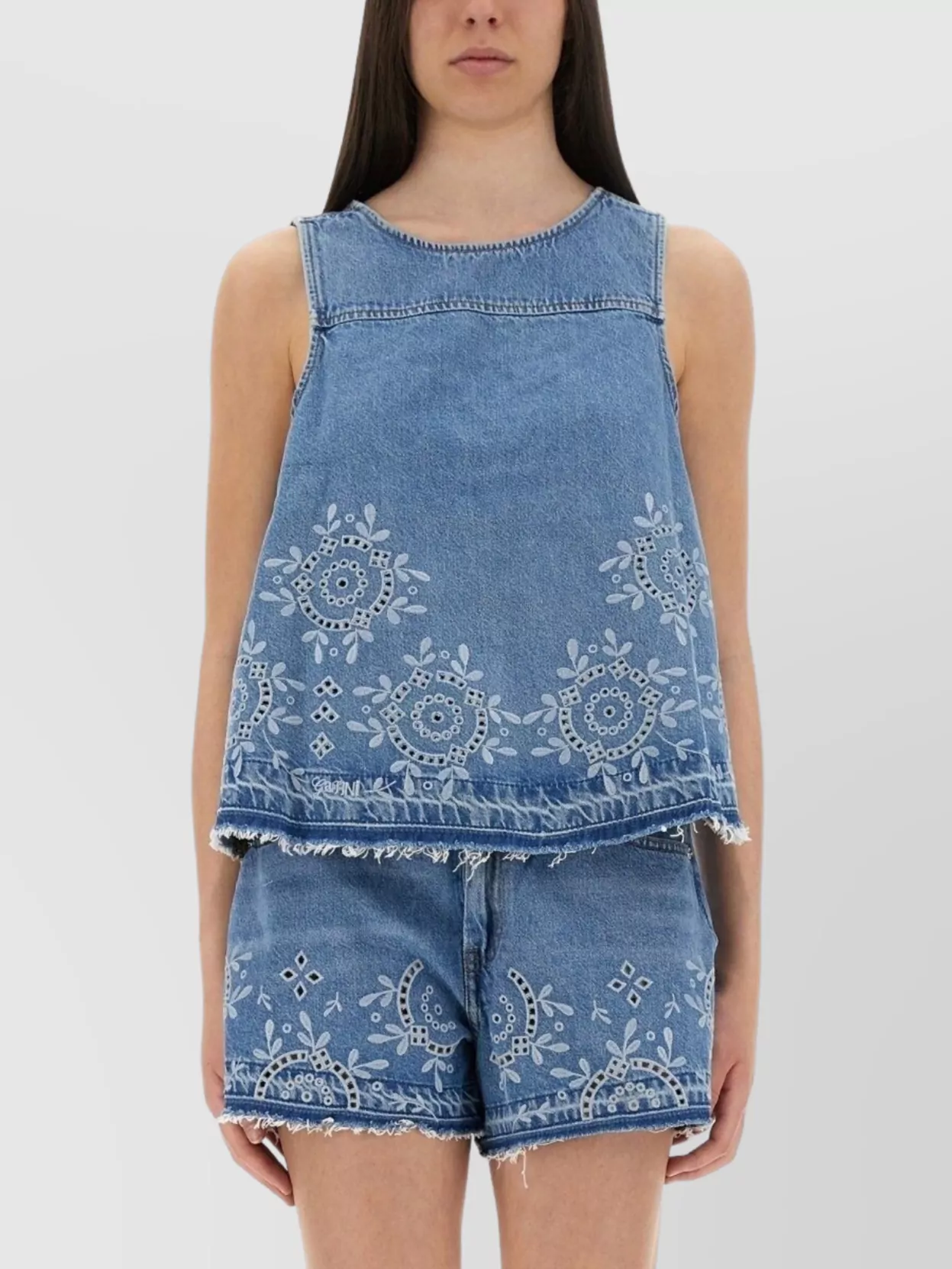 Ganni Embroidered Scoop Back Sleeveless Wide Fit Top