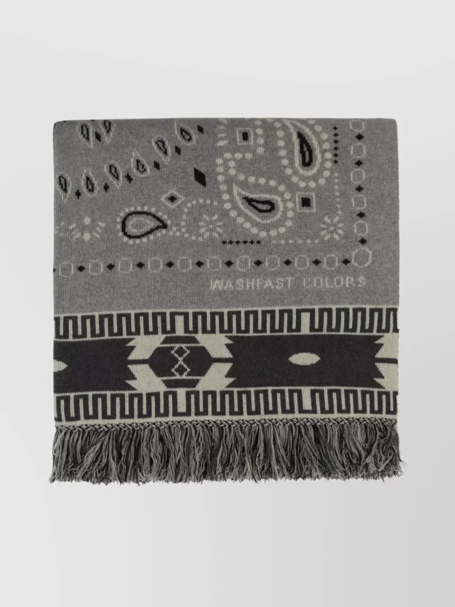 Shop Alanui Wool Blend Jacquard Icon Scarf With Fringed Edges In Grey