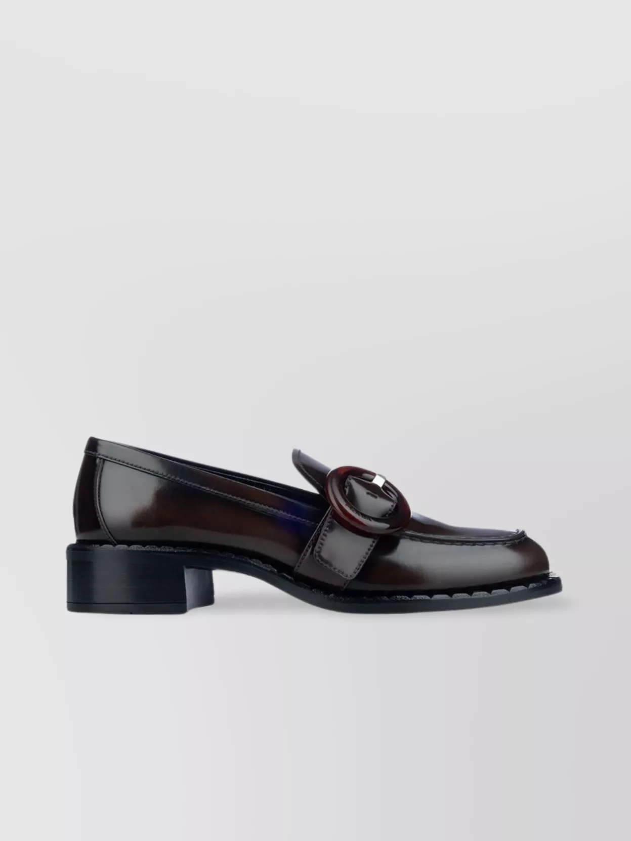 Prada Block Heel Loafers Round Buckle In Brown