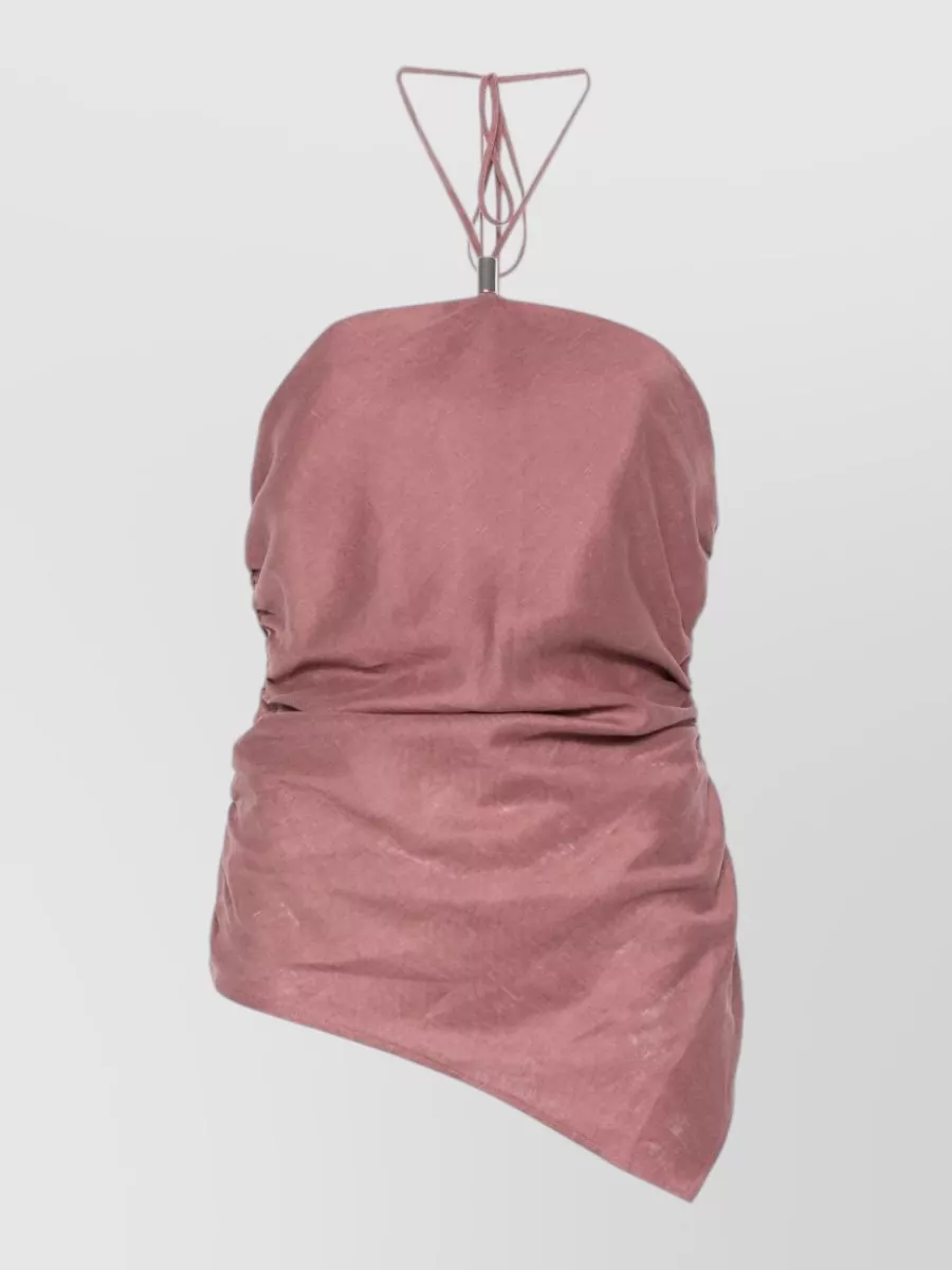 Semicouture Linen draped asymmetric halterneck top — The matching Magda floral cropped top in ivory and rose creates a romantic co-ord with the ruched mini skirt, keeping formality and color story perfectly aligned for summer cocktails.