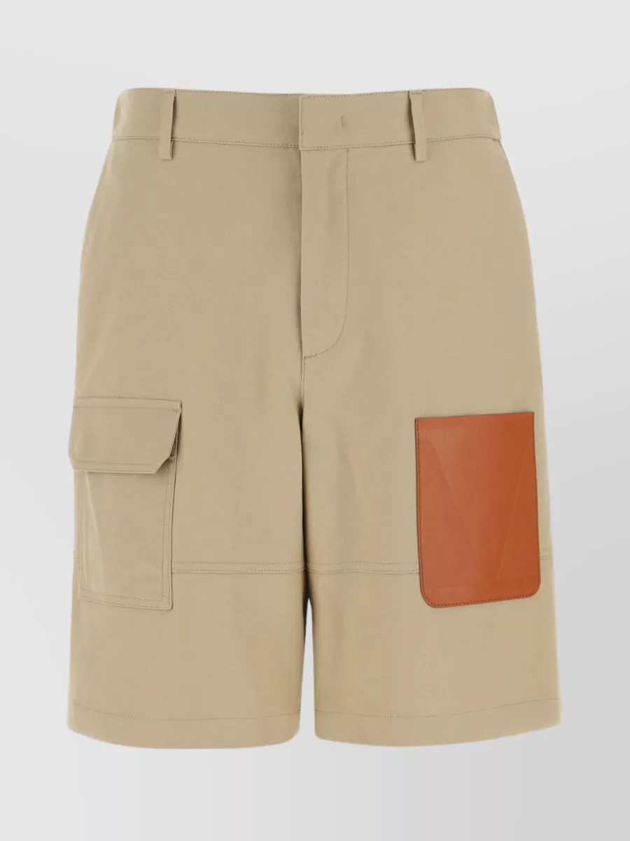 Shop Valentino Cotton Stretch Bermuda Shorts With Multiple Pockets In Cream