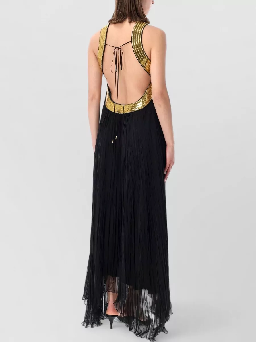 Alberta Ferretti Silk Pleated Halterneck Open-Back Maxi Dress