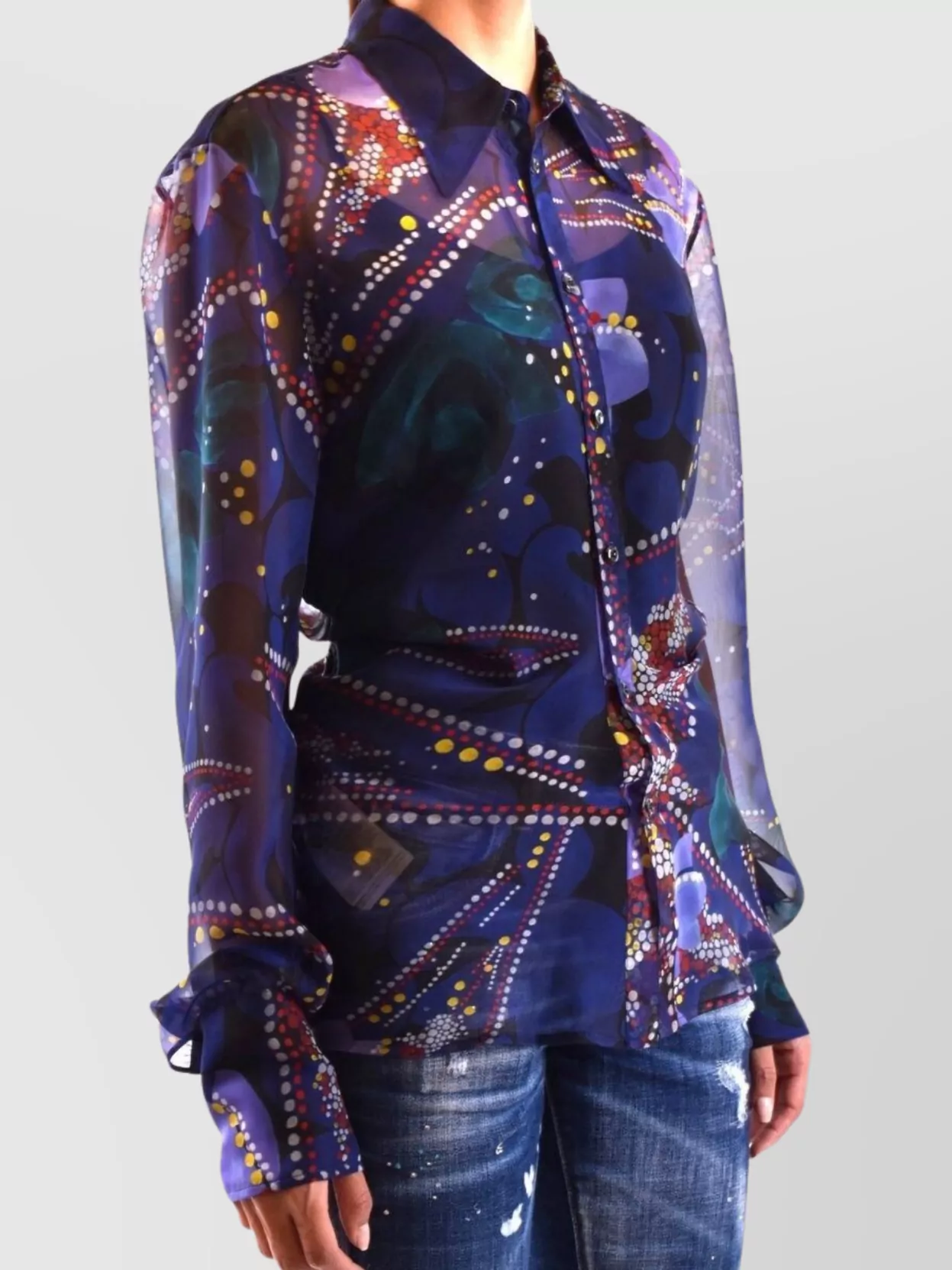 Dsquared2 Abstract Print Collared Neck Long Sleeves Sheer Fabric In Blue