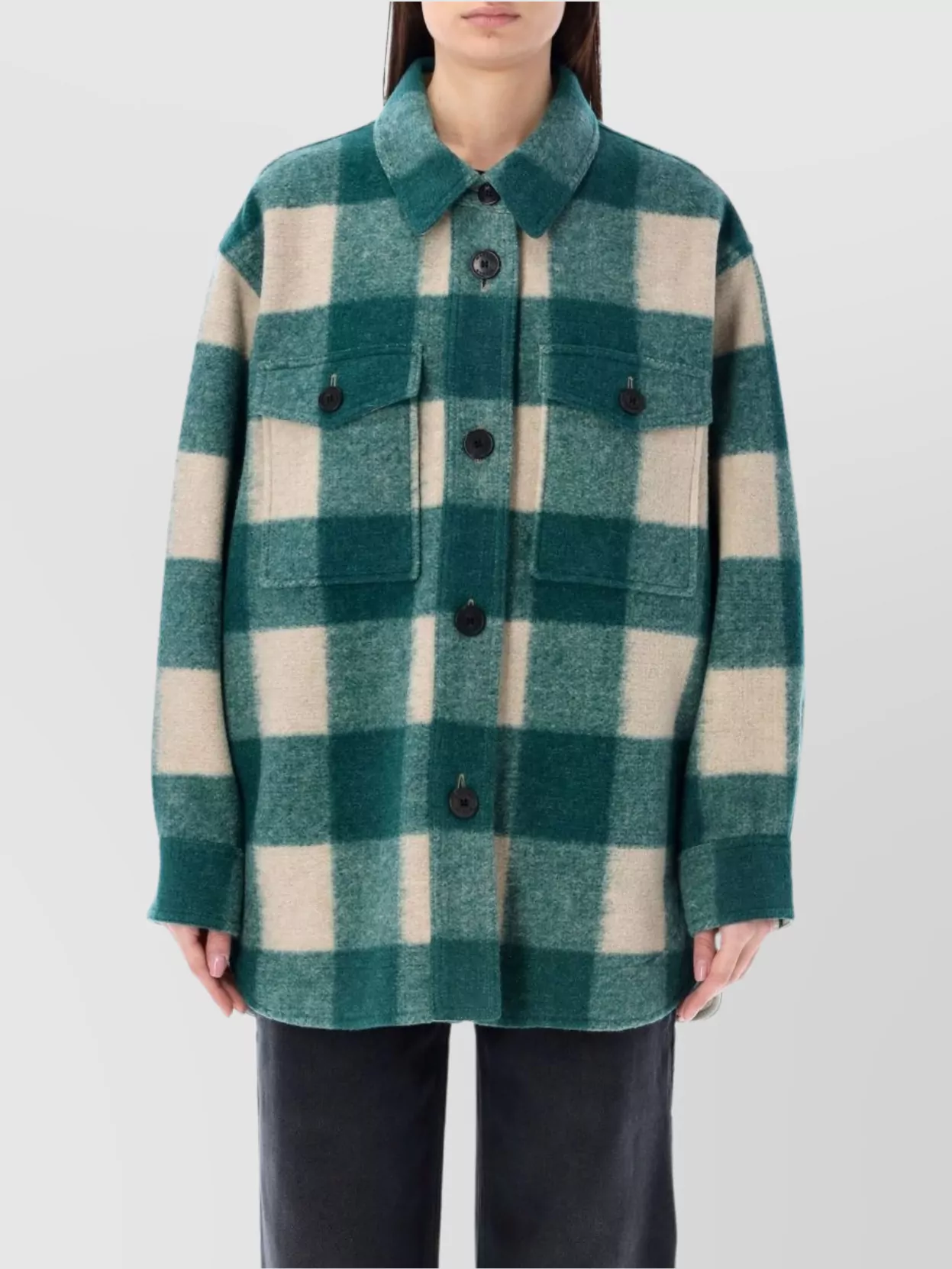 Isabel Marant Étoile Collared Neck Checkered Wool Overshirt In Green