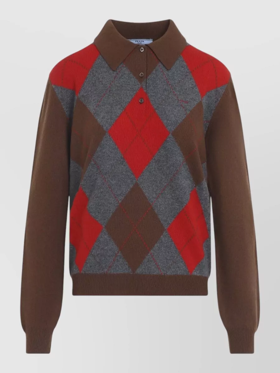 Prada Cashmere Fine-Knit Argyle Polo Sweater
