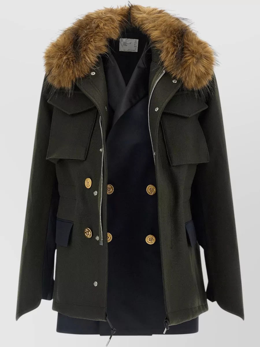 Sacai Wool Faux Fur Collar Military Coat
