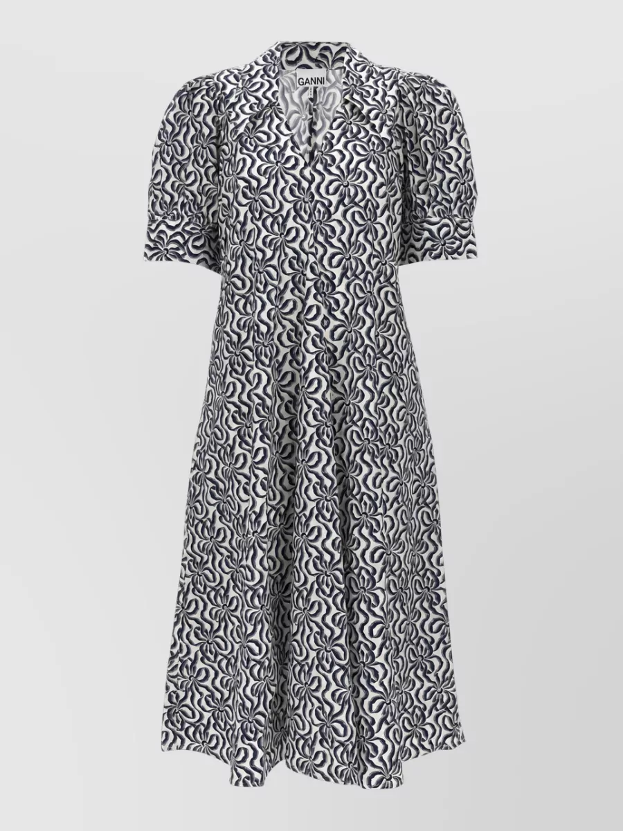 Ganni Printed cotton v-neck short-sleeve midi dress