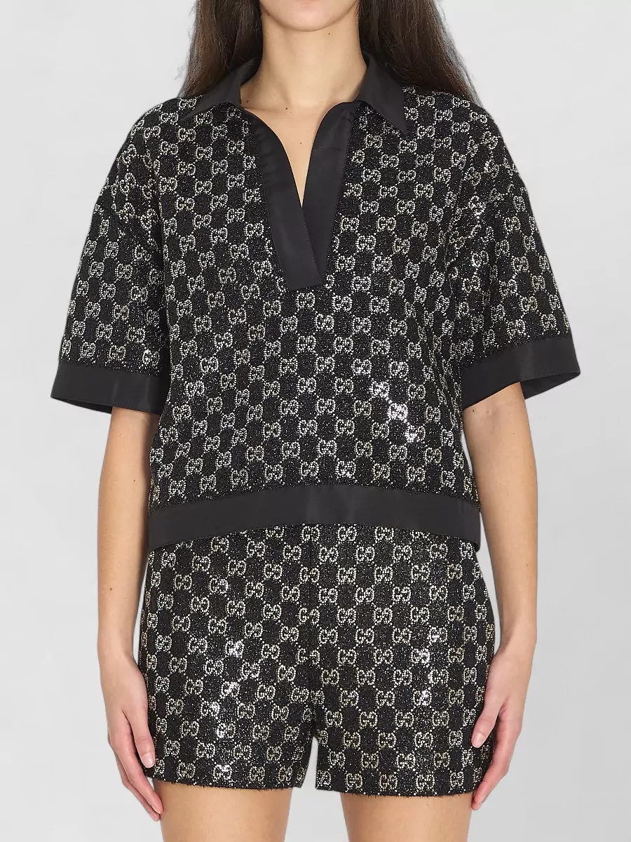 Gucci Lamé Wool Tweed Top Crystal Embroidery