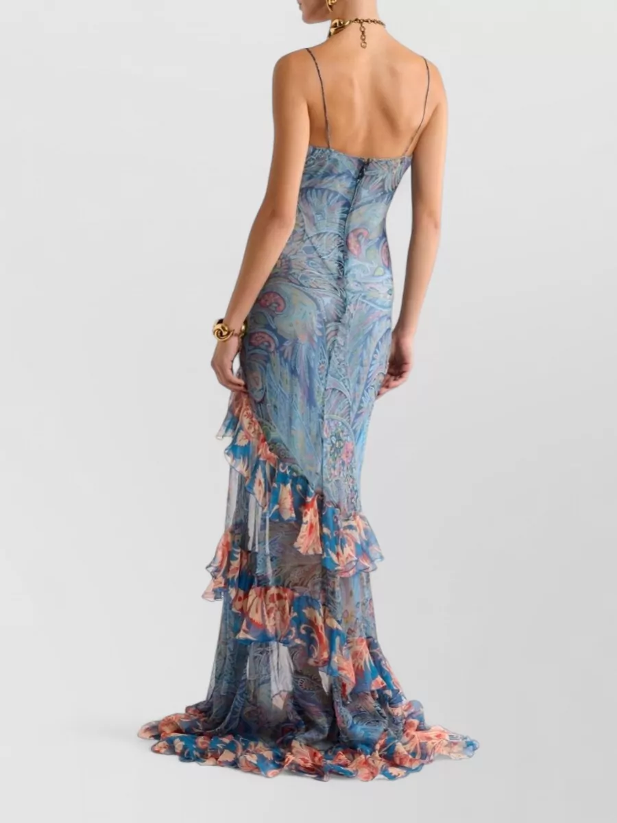 Etro Silk Floral-Print Ruffled Spaghetti-Strap V-Neck Maxi Dress