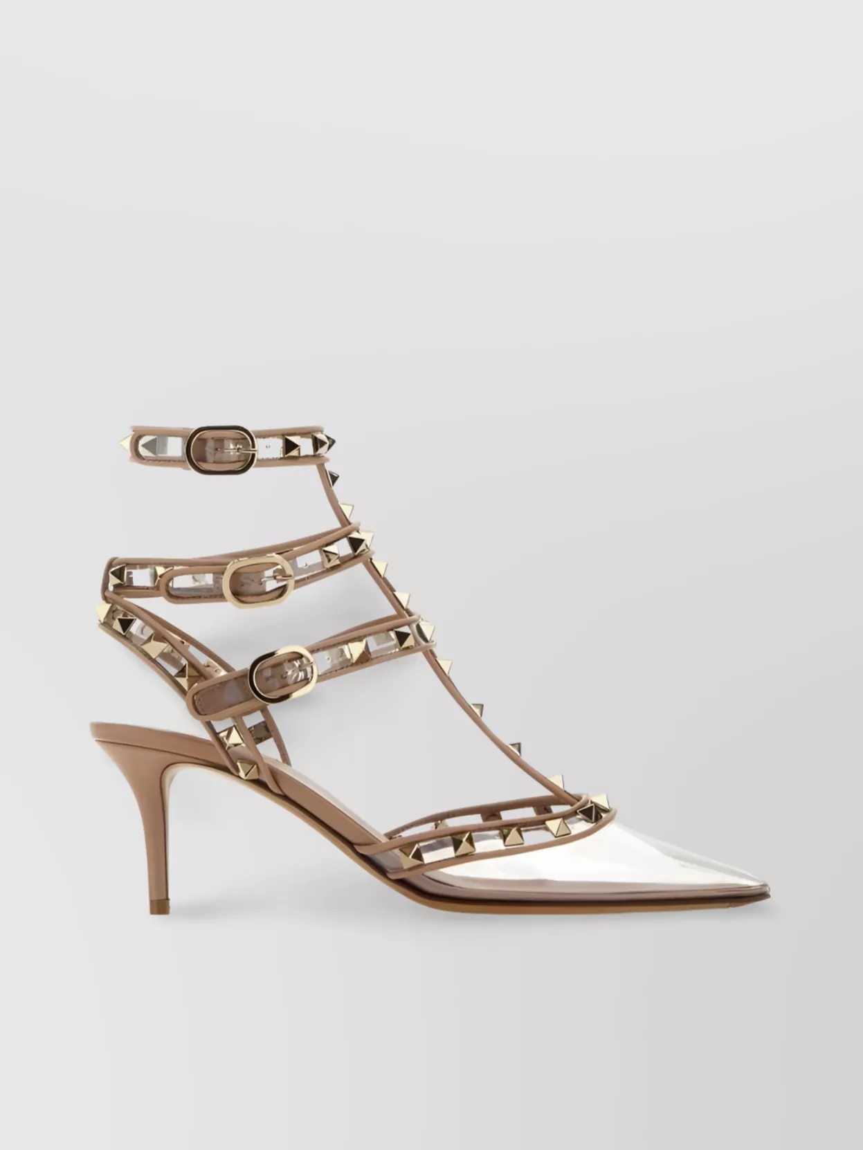 Shop Valentino Pointed Toe Sandals With Transparent Panels And Metallic Embellishments In Brown