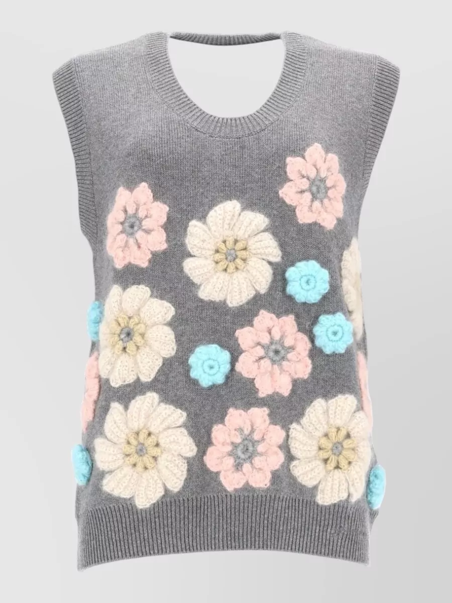 Ganni floral-appliqué knitted top