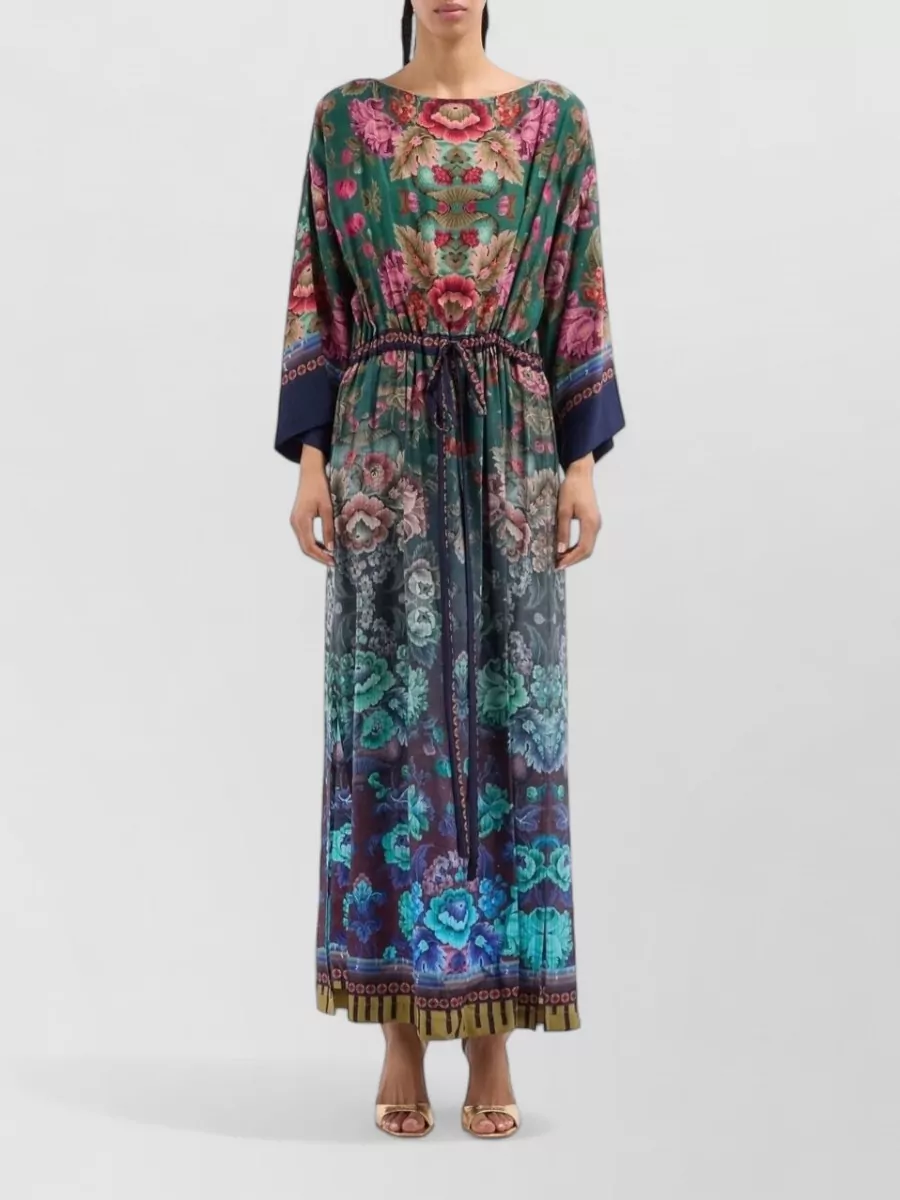 Pierre Louise Mascia Silk Floral-Print Belted Wide-Sleeve Maxi Dress