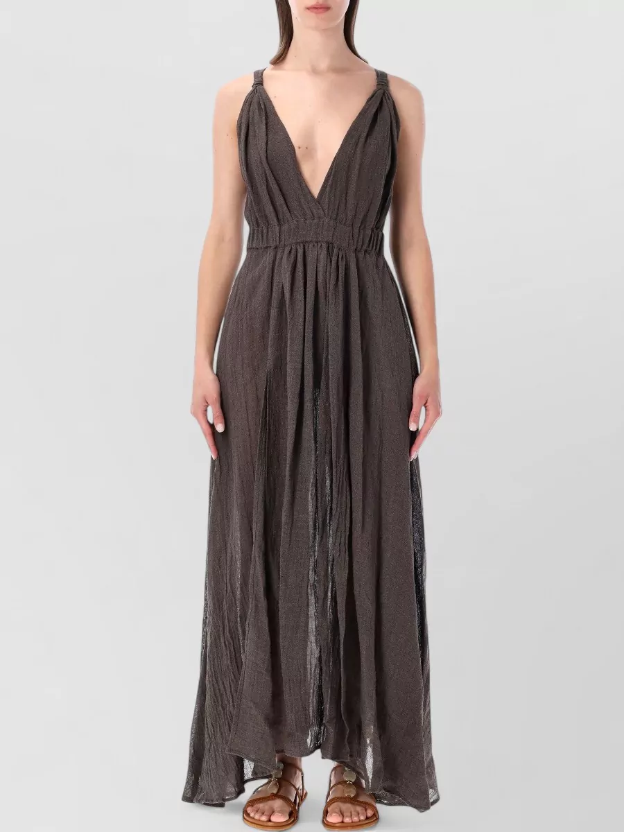 120% Lino Crinkled Linen Sleeveless V-Neck Maxi Dress