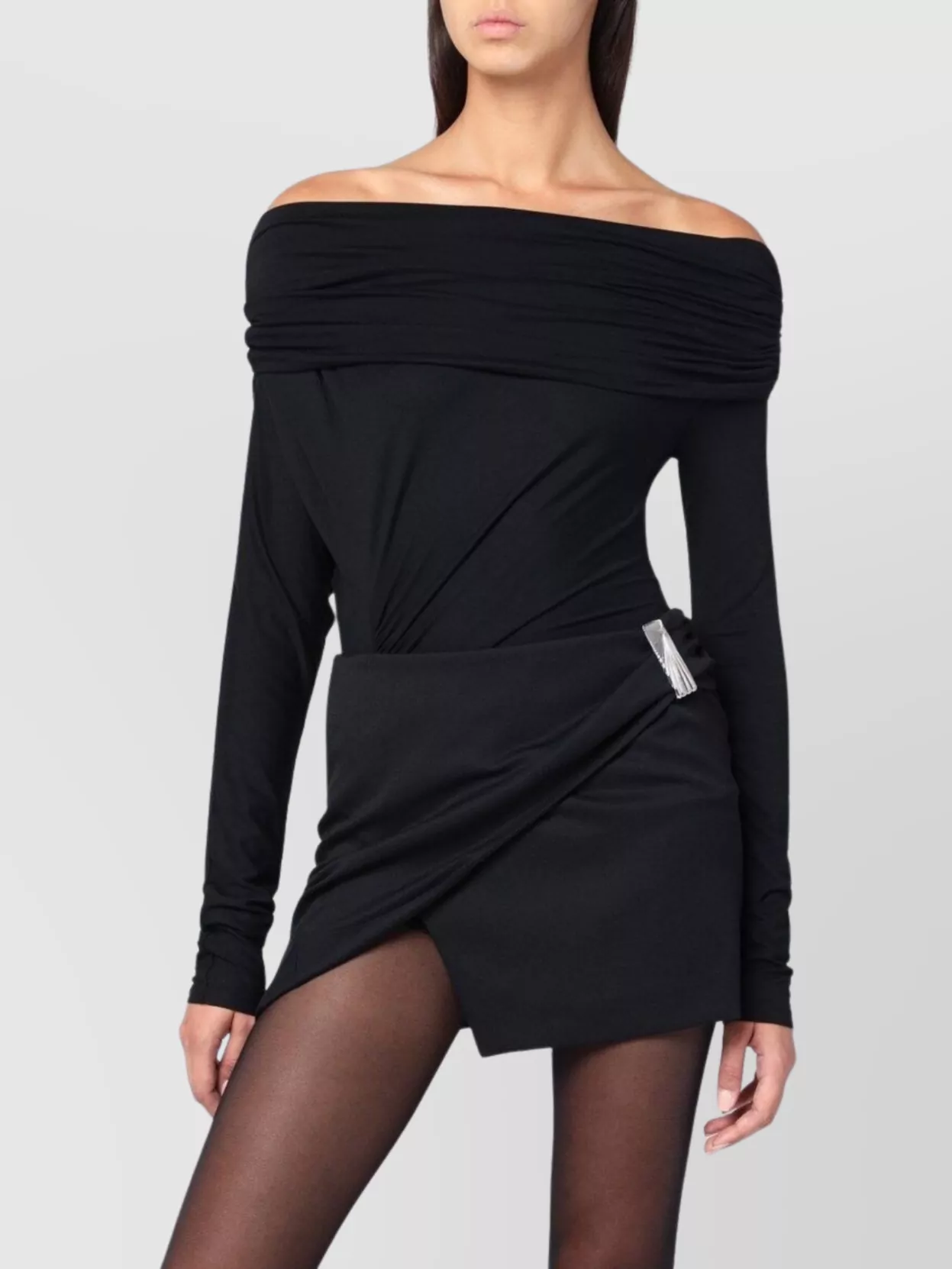 The Andamane Zoe Off Shoulder Draped Mini Dress In Black