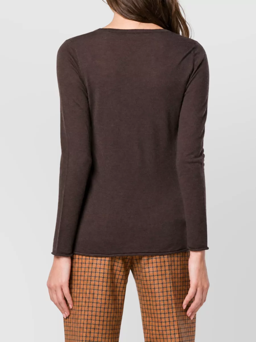 La Rose Merino Wool Fine Knit Fitted Long Sleeve Crew Neck Sweater