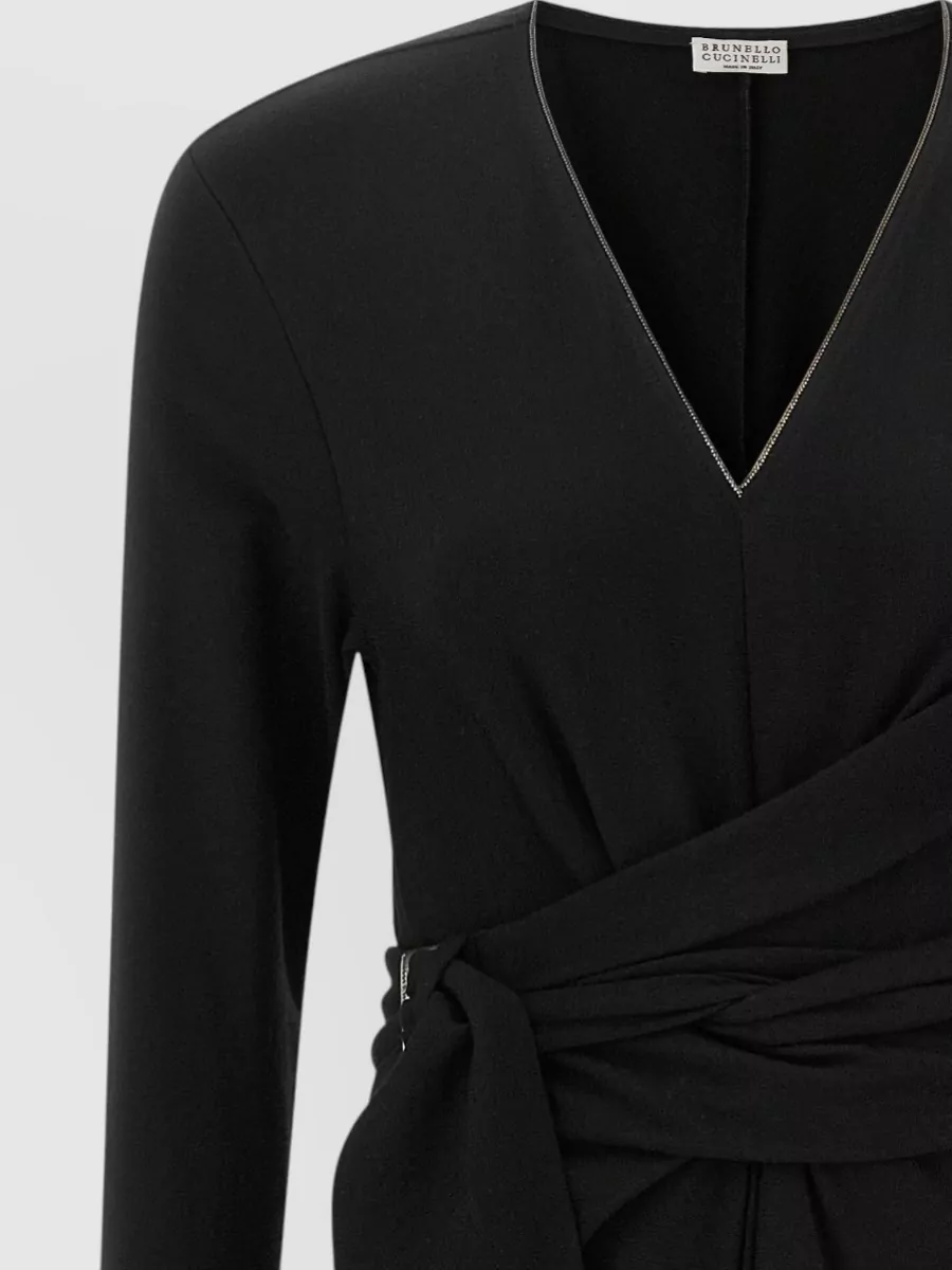Brunello Cucinelli Virgin Wool V-Neck Wrap Midi Dress