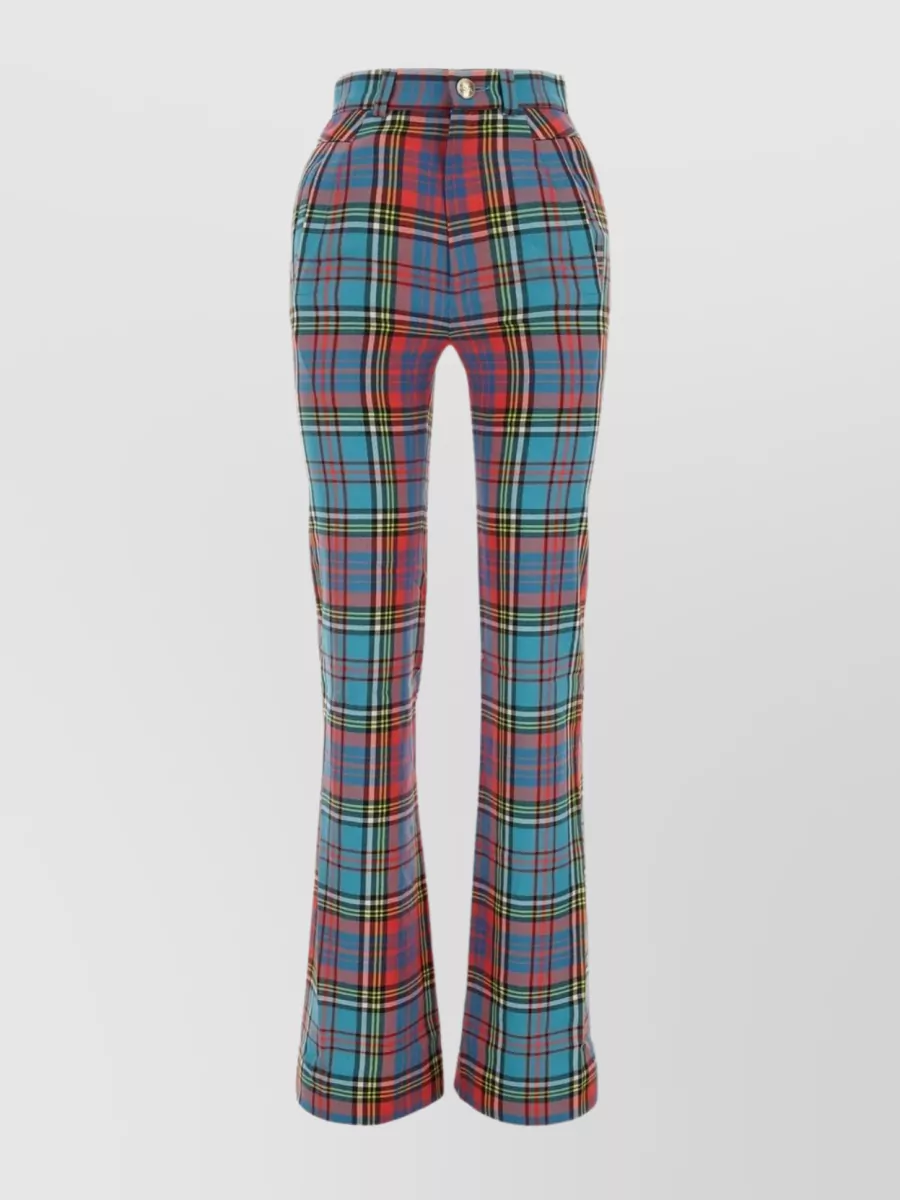 Shop Vivienne Westwood Wool Flared Embroidered Plaid Pant In Grey