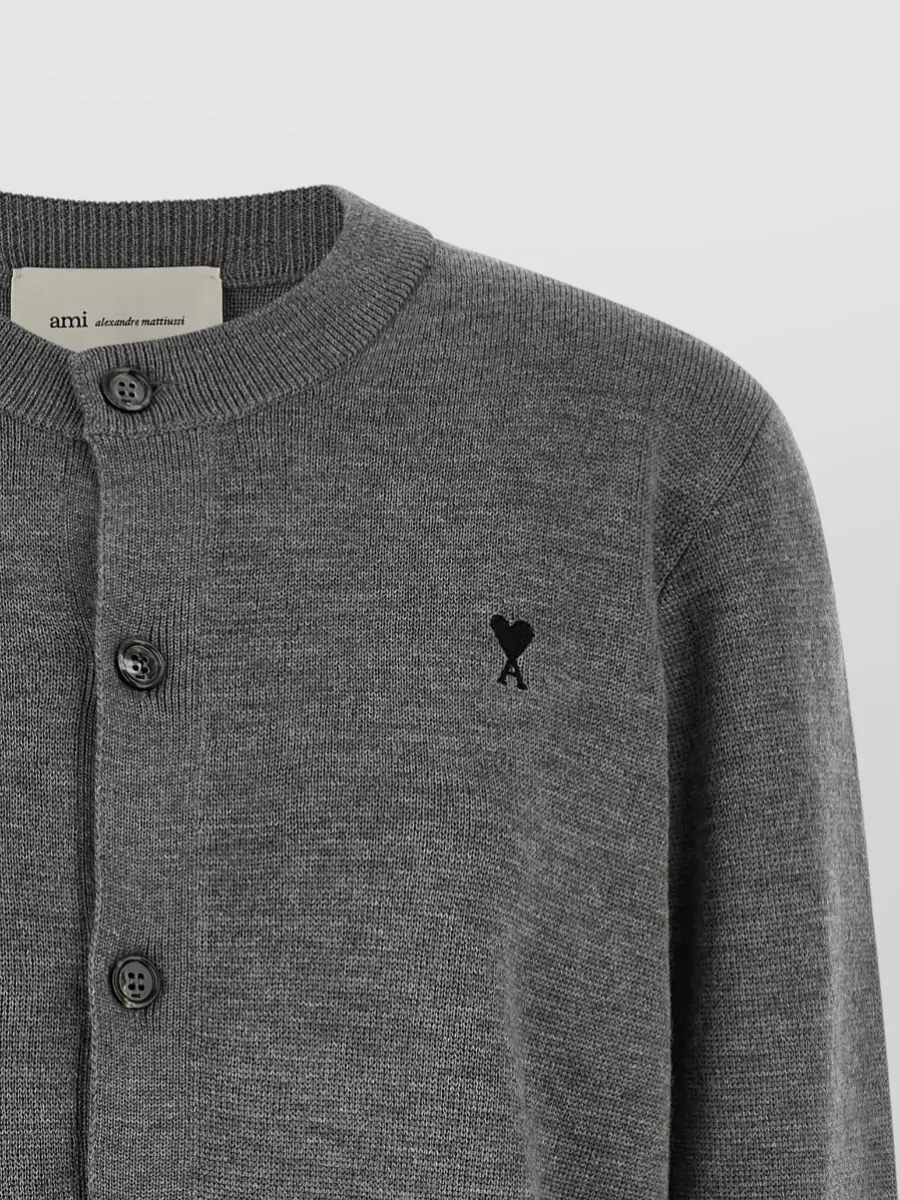 Ami Paris Wool Ribbed Crew Neck Cardigan