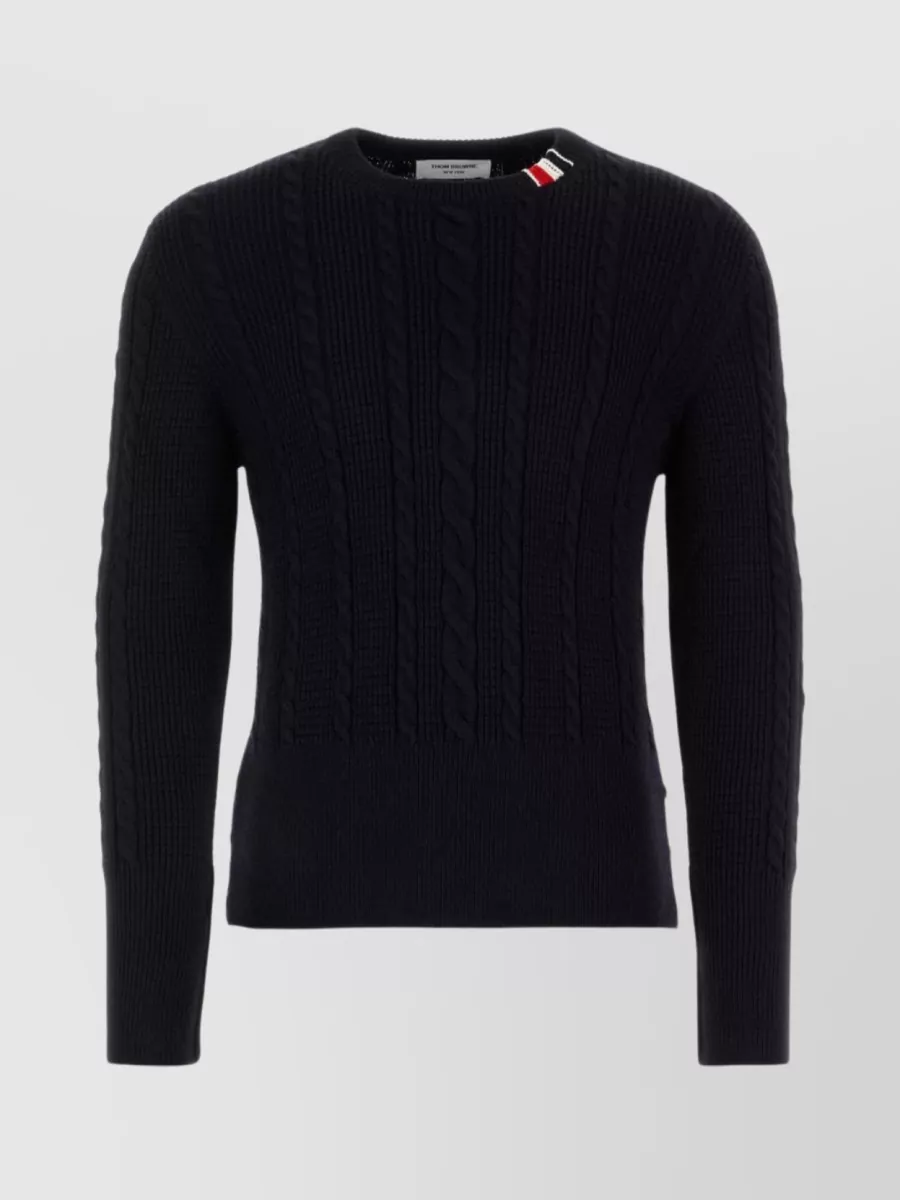 Shop Thom Browne Crew Neck Cable Knit Sweater With Button Shoulder In Blue