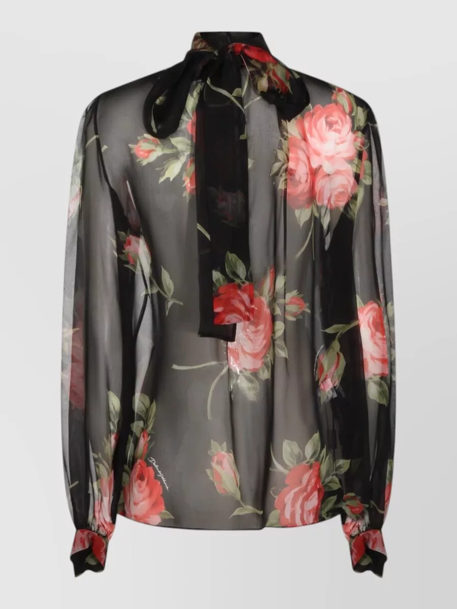 Dolce&Gabbana Silk Floral-Print Long-Sleeve Scarf-Neck Blouse
