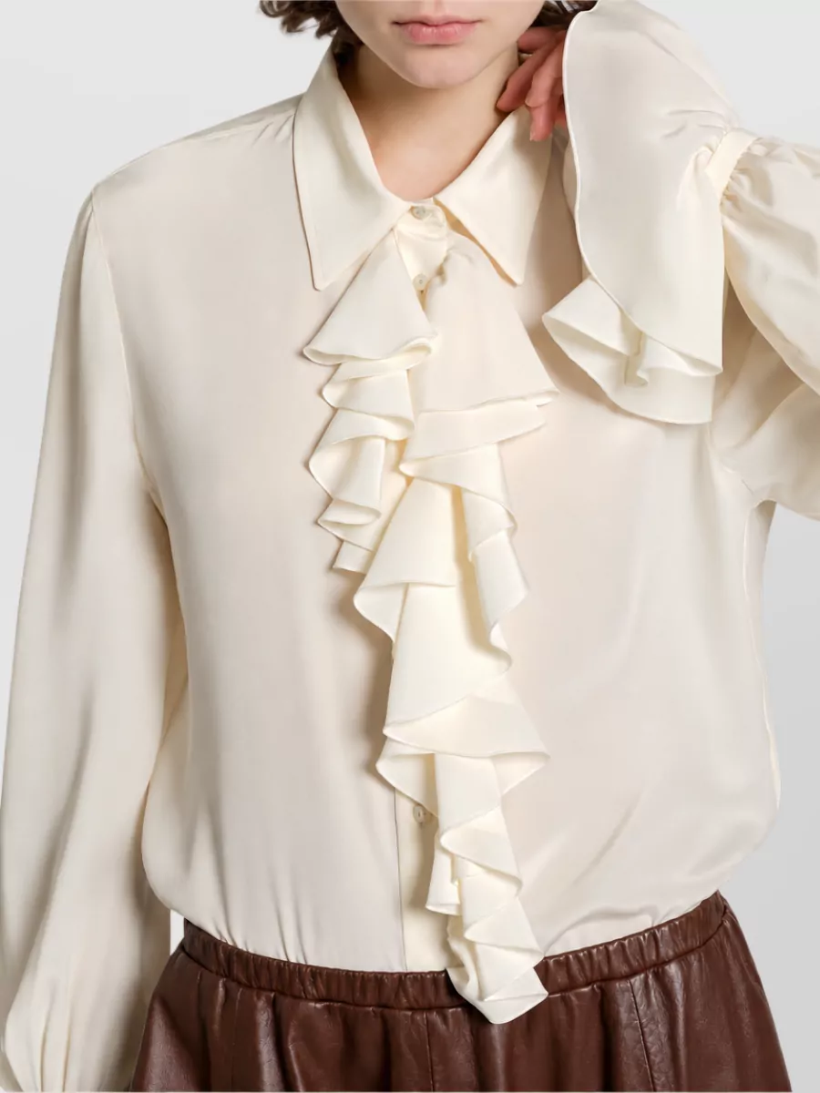 Alberta Ferretti Silk Crepe De Chine Ruffled Long-Sleeve Blouse