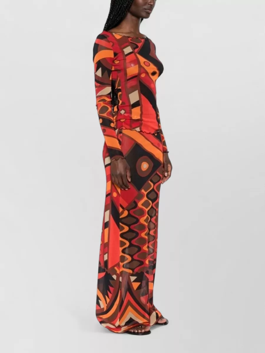 Pucci Printed Mesh Boat Neck Long-Sleeve Top