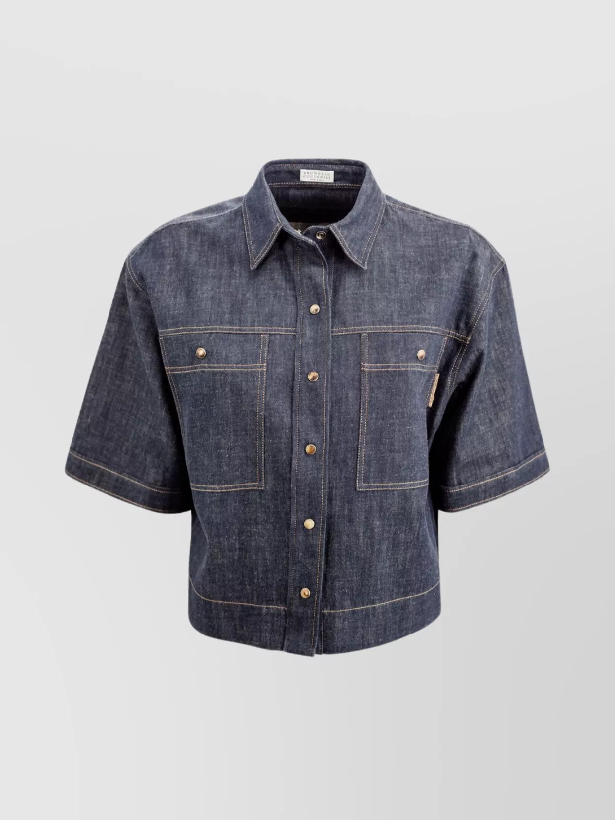 Brunello Cucinelli Short Sleeve Denim Shirt With Contrast Stitching In Blue