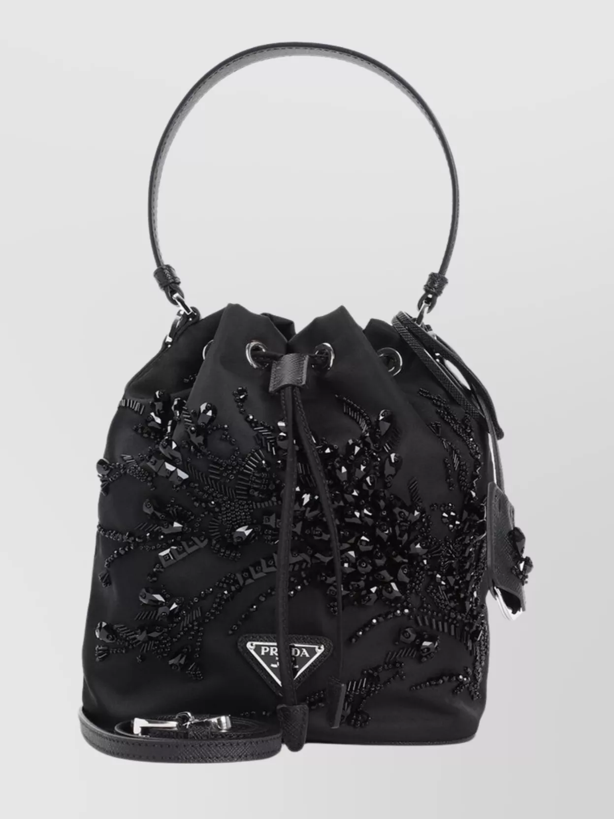 Shop Prada Re-nylon Bucket Bag With Crystals And Pearls In Black