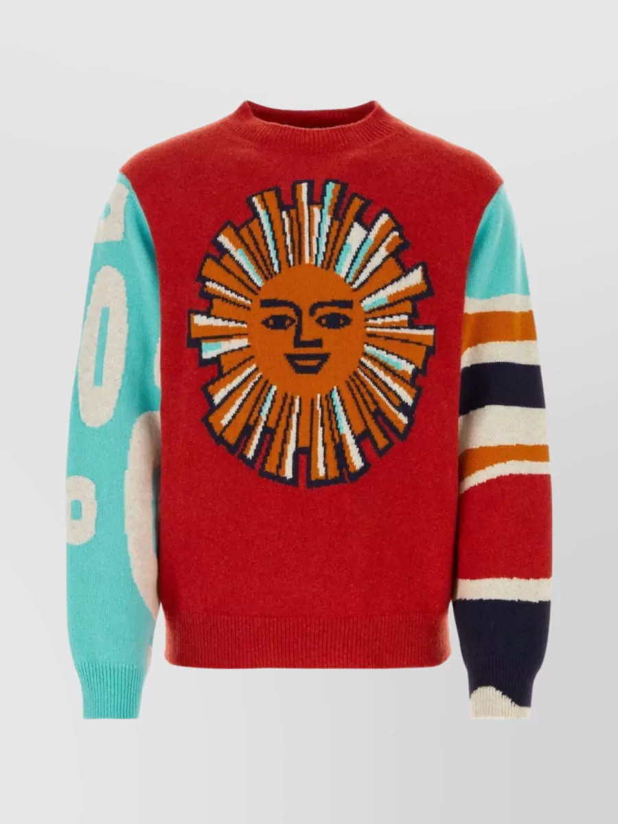 Shop The Elder Statesman Knit Crewneck With Ribbed Hem And Graphic Print In Red