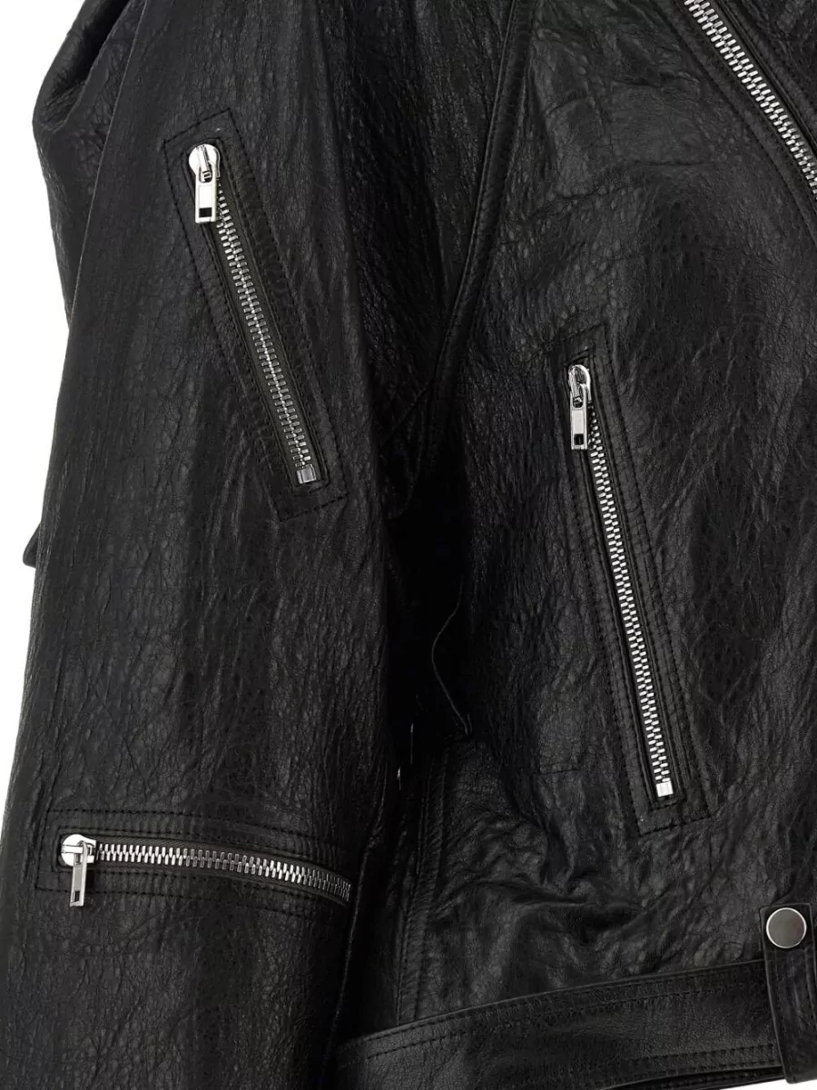 Rick Owens Leather Jacket Belted Waist High Collar
