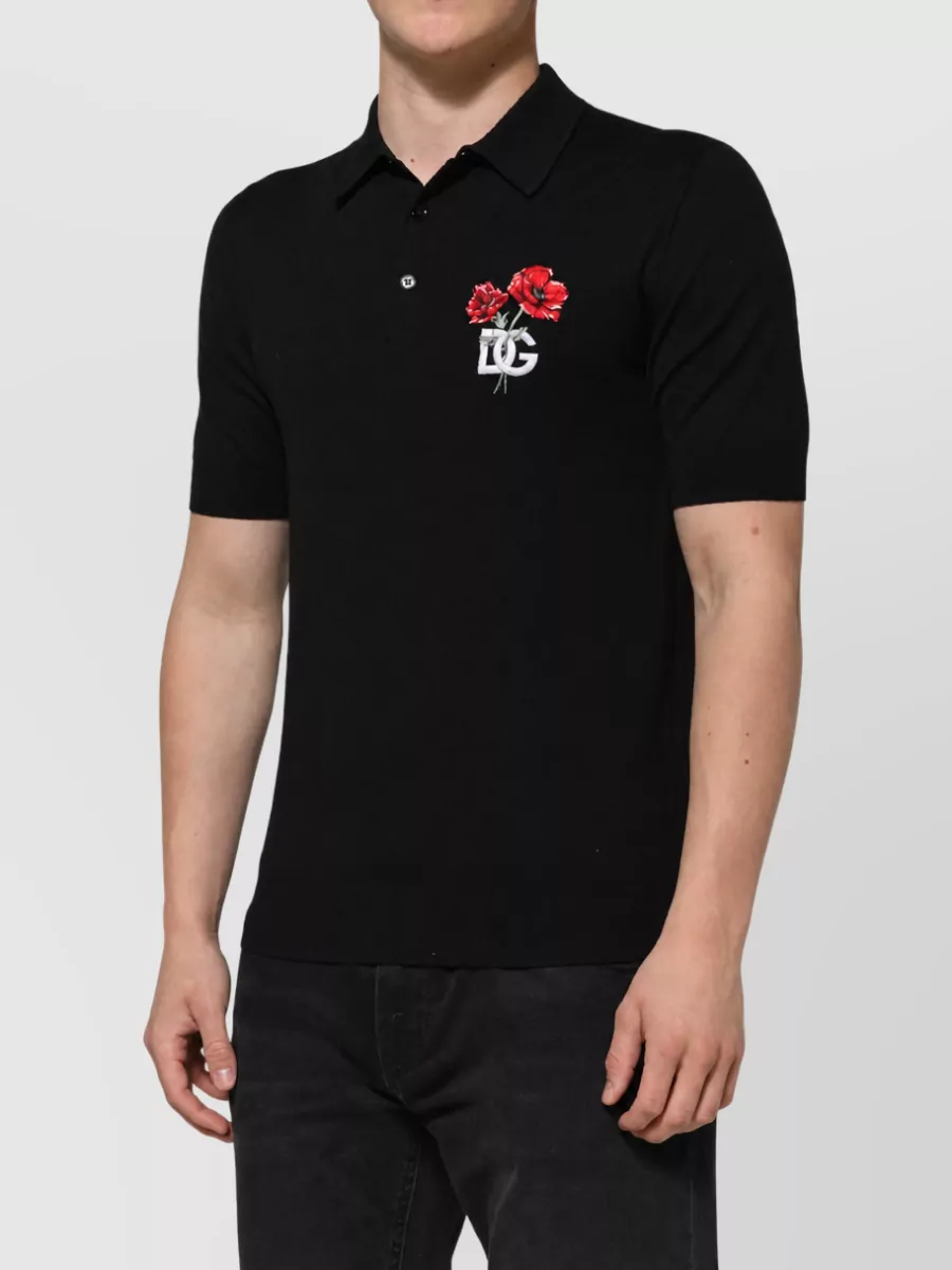 Dolce&Gabbana Wool Floral Logo Short Sleeve Polo Shirt