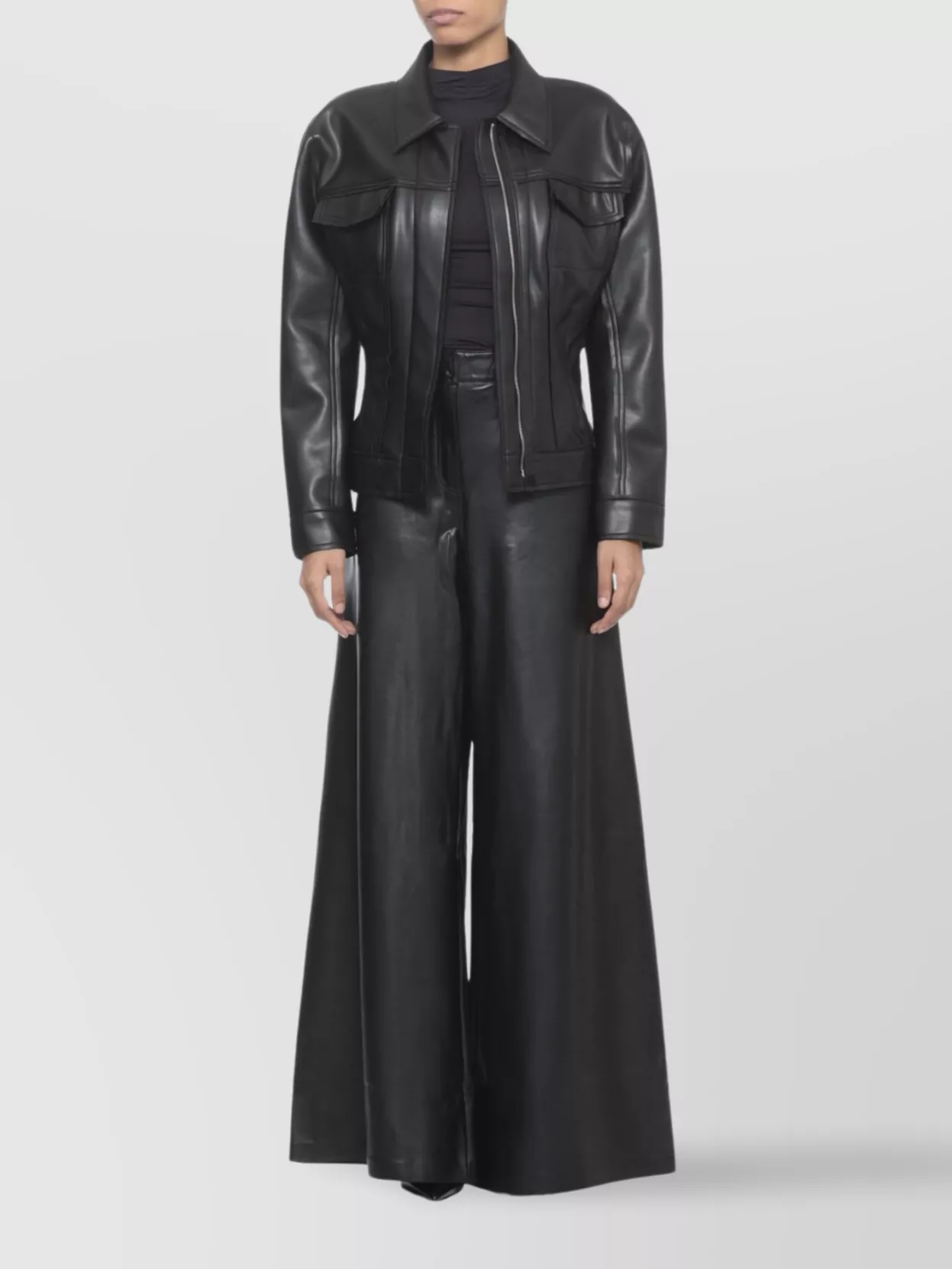 Norma Kamali Fitted Synthetic Leather Long Sleeve Jacket In Black