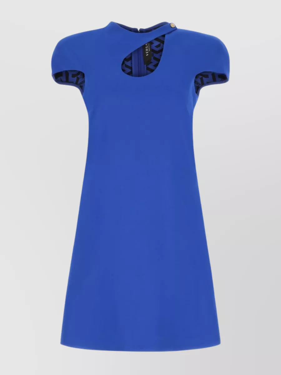 Shop Versace Keyhole Neck Structured Mini Dress In Blue