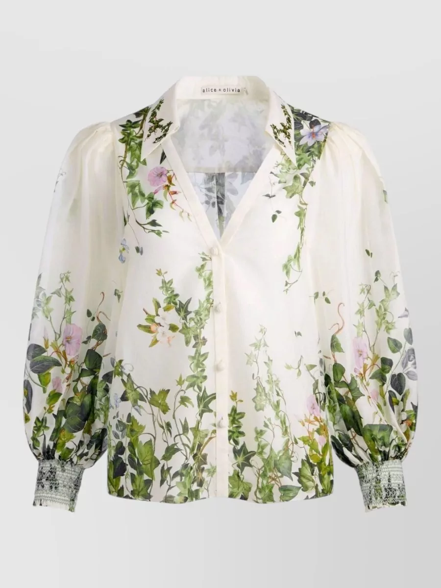 Alice + Olivia Silk Floral-Print V-Neck Long-Sleeve Blouse