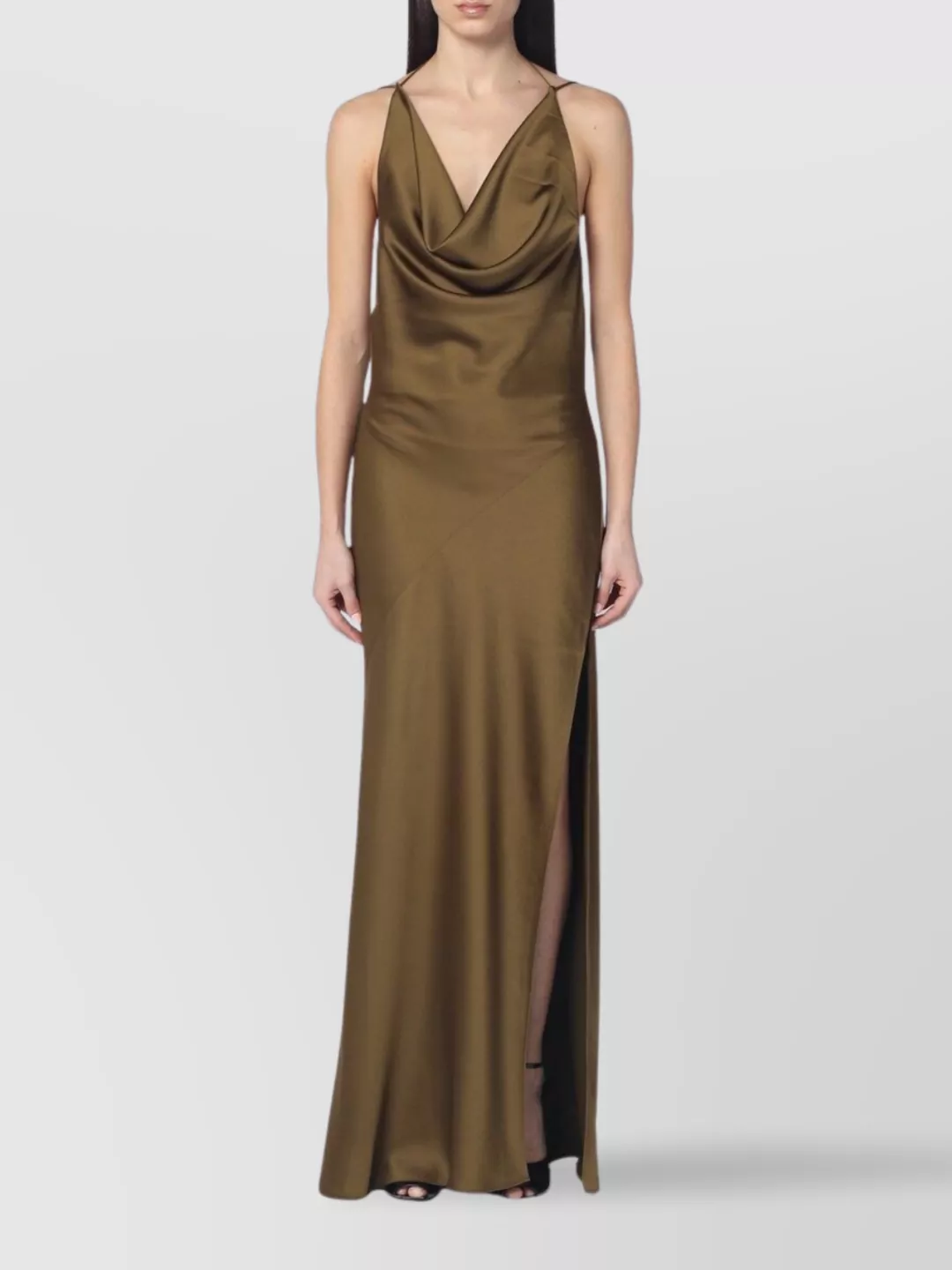 The Andamane Draped Neckline Halter Neck Open Back Dress In Neutral