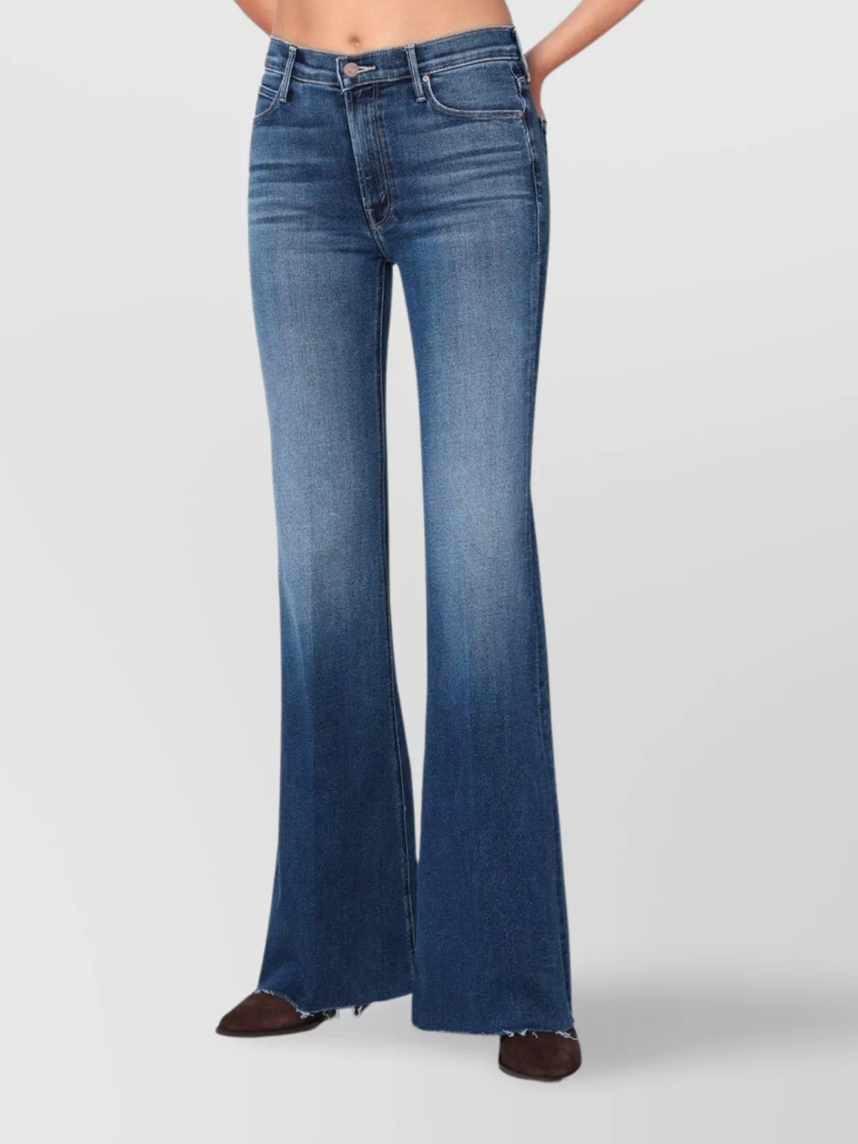 Mother Flared Jeans Belt Loops Distressed Hem In Blue