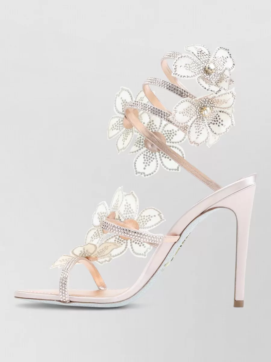 Rene Caovilla Sandals Open Toe Floral Embellishments Strappy Design