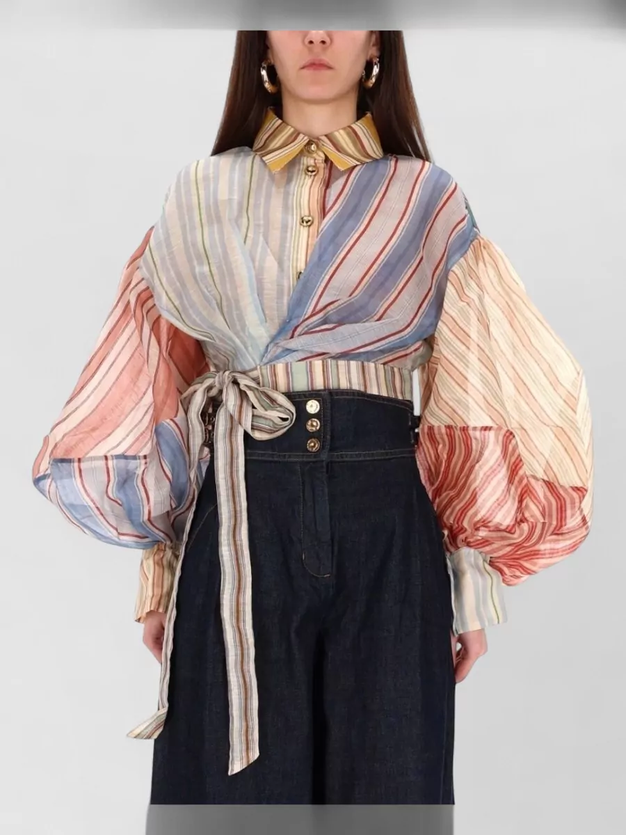 Zimmermann Striped Top With Balloon Sleeves And Tie Waist