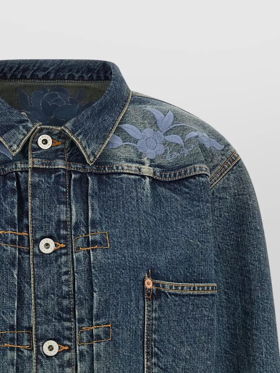 Kenzo Denim Floral Embroidered Cropped Jacket