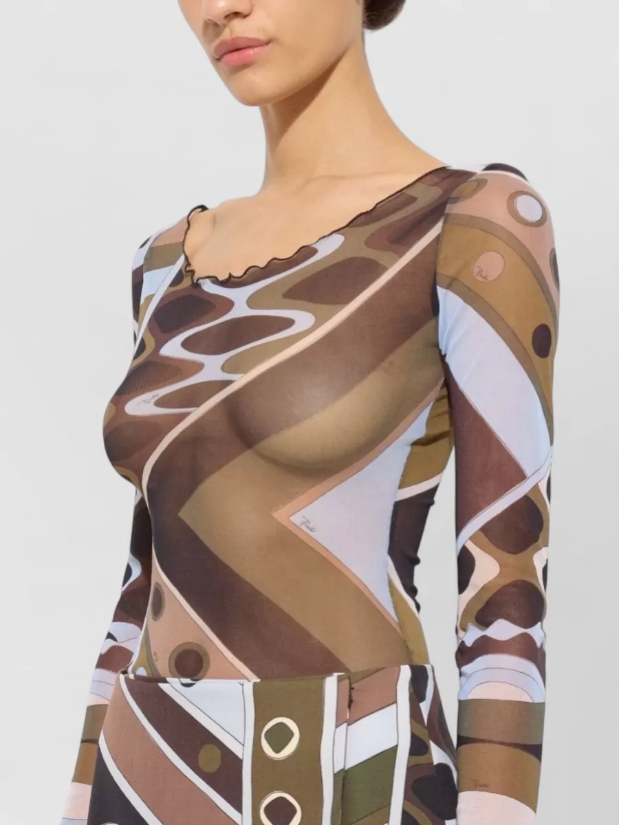 Pucci Printed Tulle Boat Neck Long Sleeve Top