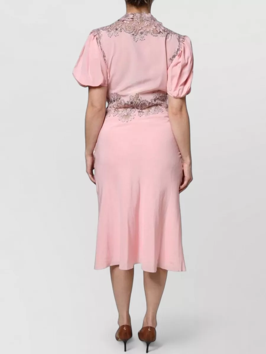 Ermanno Scervino Silk Floral Lace V-Neck Short-Sleeve Midi Dress