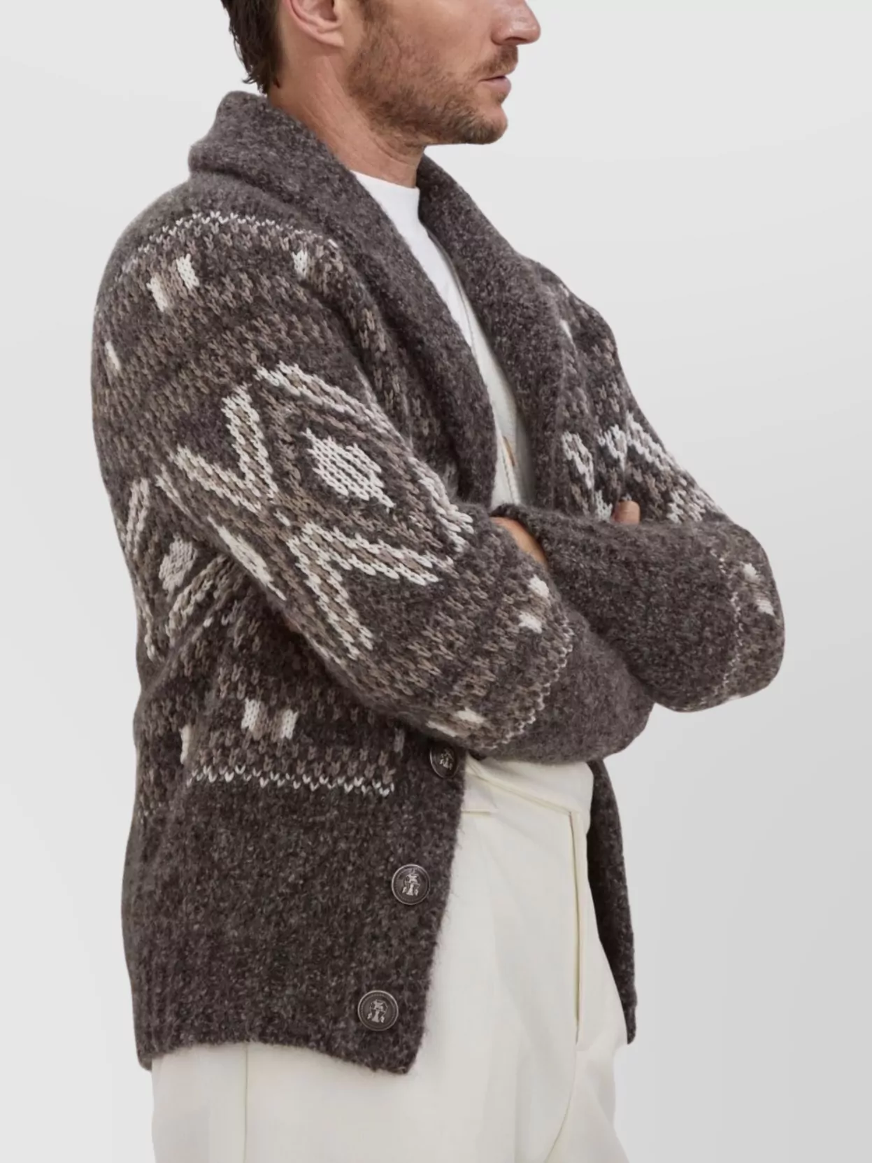 Brunello Cucinelli Wool Cardigan V-Neck Geometric Pattern