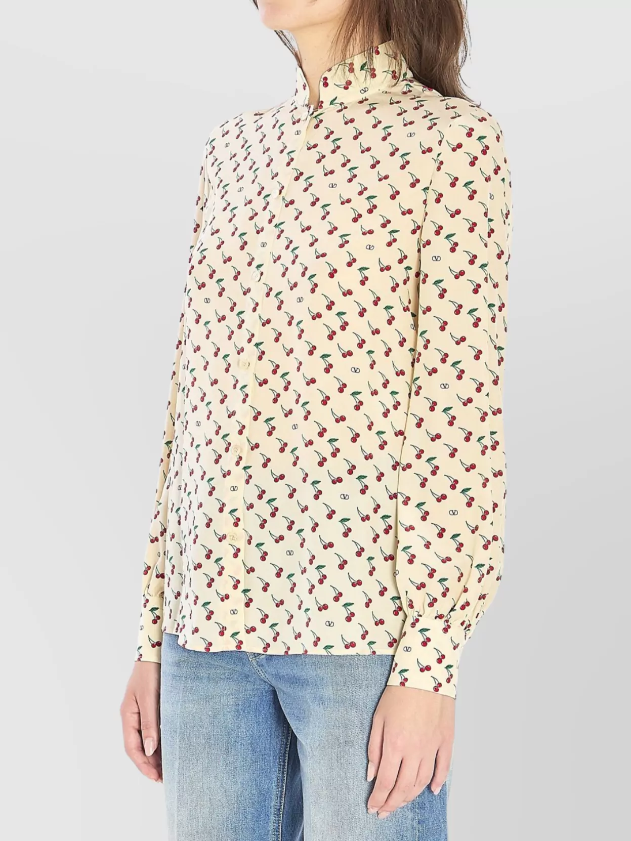 Valentino Cherry Print Long Sleeve Silk Shirt In Neutral