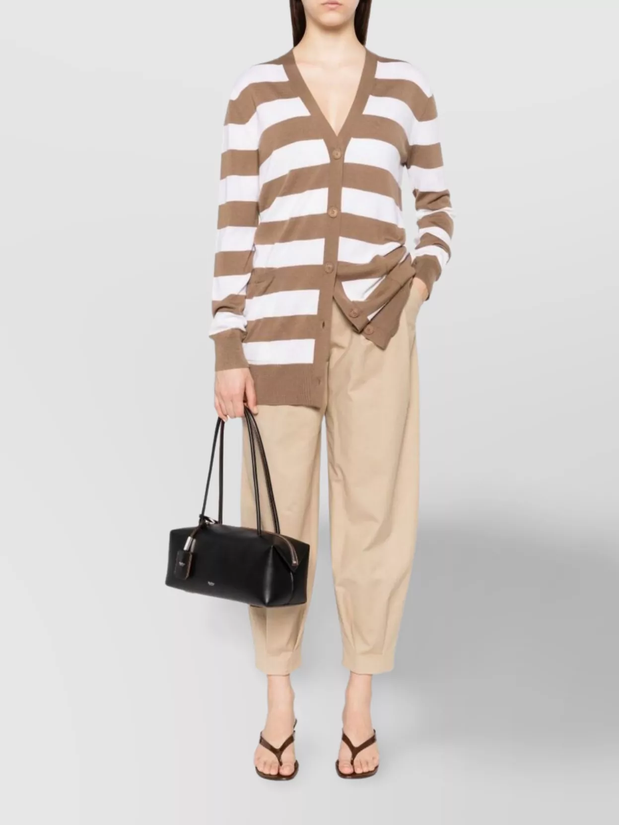 Max Mara Striped V-neck Cardigan With Front Patch Pockets In Brown